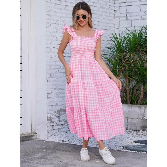 Mommy and Me Plaid Midi Dress Summer Square Neck Ruffle Flowy Beach Outfit - Picture 4 of 6
